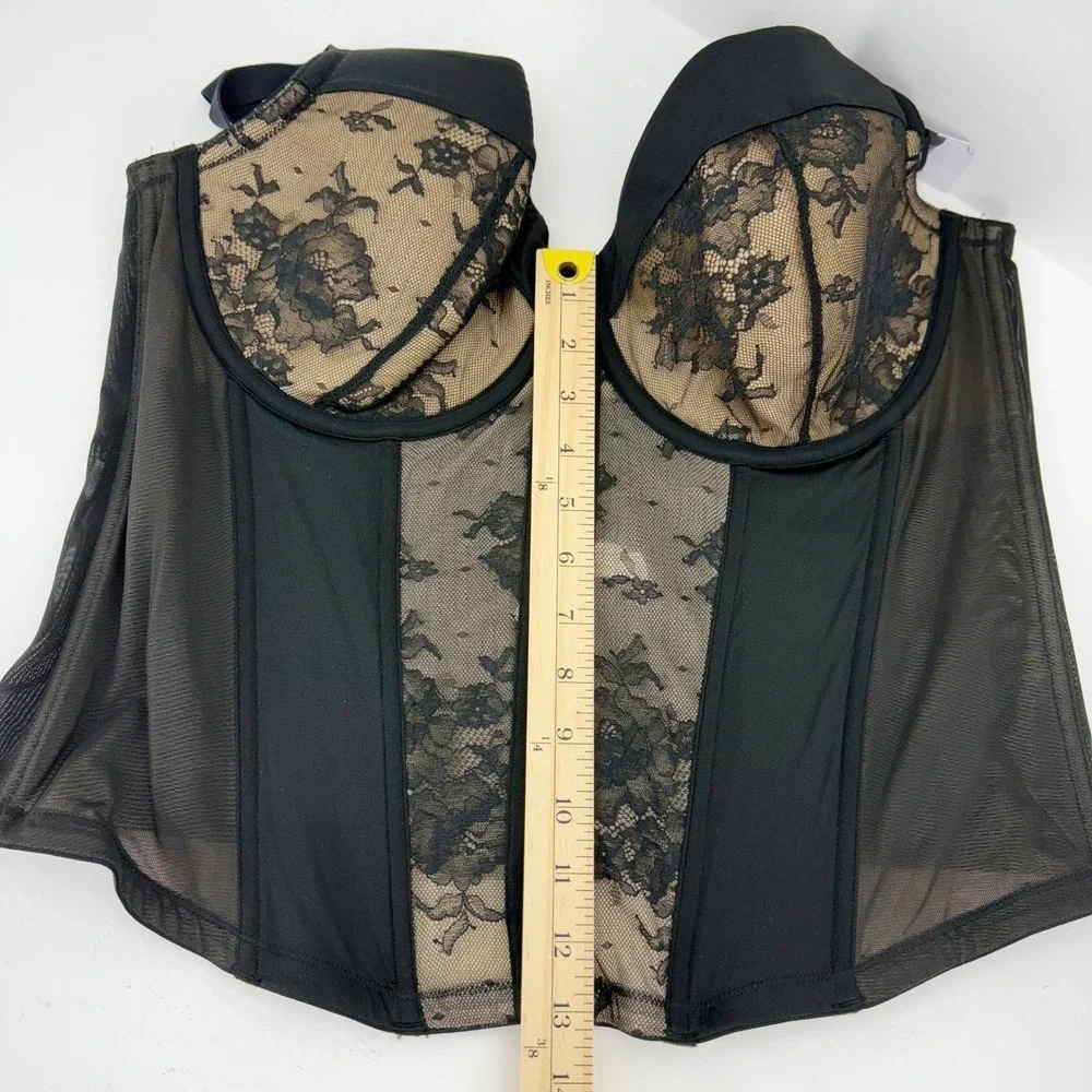 Cacique Black Lace Corset 42DD Underwire Sheer Dark Coquette Whimsigoth  NEW‎ - Picture 5 of 10